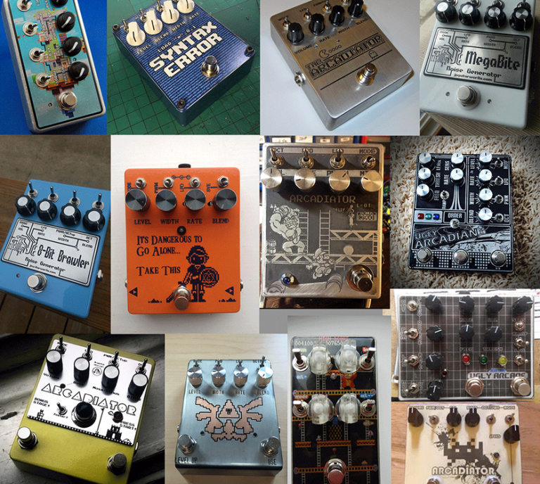 A collage of DIY Arcadiator pedals